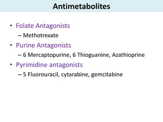 Antimetabolites

• Folate Antagonists
  – Methotrexate
• Purine Antagonists
  – 6 Mercaptopurine, 6 Thioguanine, Azathioprine
• Pyrimidine antagonists
  – 5 Fluorouracil, cytarabine, gemcitabine
 