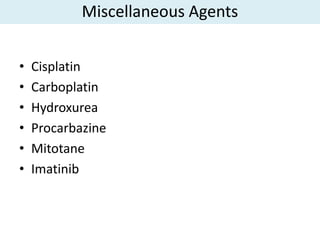 Miscellaneous Agents


•   Cisplatin
•   Carboplatin
•   Hydroxurea
•   Procarbazine
•   Mitotane
•   Imatinib
 