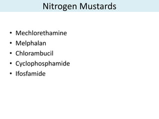 Nitrogen Mustards

•   Mechlorethamine
•   Melphalan
•   Chlorambucil
•   Cyclophosphamide
•   Ifosfamide
 