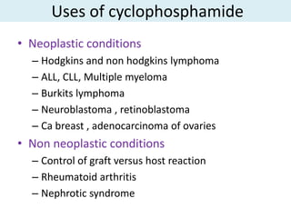 Uses of cyclophosphamide
• Neoplastic conditions
  – Hodgkins and non hodgkins lymphoma
  – ALL, CLL, Multiple myeloma
  – Burkits lymphoma
  – Neuroblastoma , retinoblastoma
  – Ca breast , adenocarcinoma of ovaries
• Non neoplastic conditions
  – Control of graft versus host reaction
  – Rheumatoid arthritis
  – Nephrotic syndrome
 