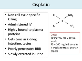 Cisplatin
• Non cell cycle specific       Cl           NH3
  killing                             Pt
• Administered IV               Cl            NH3
• Highly bound to plasma
  proteins                    Dose:
                              20 mg/m2 for 5 days a
• Gets conc in kidney,        week
  intestine, testes           75 – 100 mg/m2 once in
• Poorly penetrates BBB       4 weeks to treat ovarian
                              cancer
• Slowly excreted in urine
 