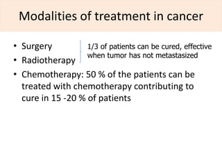 Modalities of treatment in cancer

• Surgery          1/3 of patients can be cured, effective
                   when tumor has not metastasized
• Radiotherapy
• Chemotherapy: 50 % of the patients can be
  treated with chemotherapy contributing to
  cure in 15 -20 % of patients
 