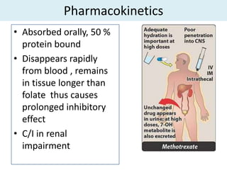 Pharmacokinetics
• Absorbed orally, 50 %
  protein bound
• Disappears rapidly
  from blood , remains
  in tissue longer than
  folate thus causes
  prolonged inhibitory
  effect
• C/I in renal
  impairment
 