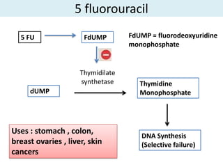 5 fluorouracil
  5 FU                FdUMP        FdUMP = fluorodeoxyuridine
                                   monophosphate


                     Thymidilate
                     synthetase       Thymidine
     dUMP                             Monophosphate




Uses : stomach , colon,
                                      DNA Synthesis
breast ovaries , liver, skin          (Selective failure)
cancers
 
