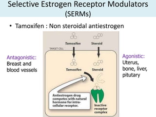 Selective Estrogen Receptor Modulators
                    (SERMs)
 • Tamoxifen : Non steroidal antiestrogen



Antagonistic:                           Agonistic:
Breast and                              Uterus,
blood vessels                           bone, liver,
                                        pitutary
 