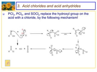 3. Acid chlorides and acid anhydrides

   PCl3, PCl5, and SOCl2 replace the hydroxyl group on the
    acid with a chloride, by the following mechanism!
 
