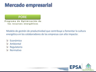 PORE
Programa de Optimización de
  los recursos energéticos


 Modelo de gestión de productividad que contribuye a fomentar la cultura
 energética en los colaboradores de las empresas con alto impacto:

    Económico
    Ambiental
    Regulatorio
    Normativo
 