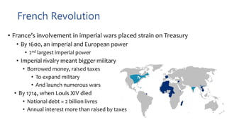 French Revolution
• France’s involvement in imperial wars placed strain on Treasury
• By 1600, an imperial and European power
• 2nd largest imperial power
• Imperial rivalry meant bigger military
• Borrowed money, raised taxes
• To expand military
• And launch numerous wars
• By 1714, when Louis XIV died
• National debt = 2 billion livres
• Annual interest more than raised by taxes
 