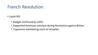 French Revolution
• Louis XVI
• Budget continued to suffer
• Supported American colonists during Revolution against Britain
• Expensive maintaining court at Versailles
 