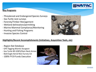 3/23/2020
Key Programs
- Threatened and Endangered Species Surveys
- Sea Turtle nest surveys
- Forersty/Timber Management
- Wetland delineation/permitting
- Marine Mammal Compliance/Monitoring
- Hunting and Fishing Programs
- Invasive Species Control
Highlights/Recent Accomplishments (Initiatives, Acquisition Tools, etc)
- Region Bat Database
- GPS Tagging Atlantic Sturgeon
- Sea Turtle BO JEBFS/Dam Neck Annex
- Bald Eagle Aerial Nest Survey CA
- 100% FY19 Funds Execution
 