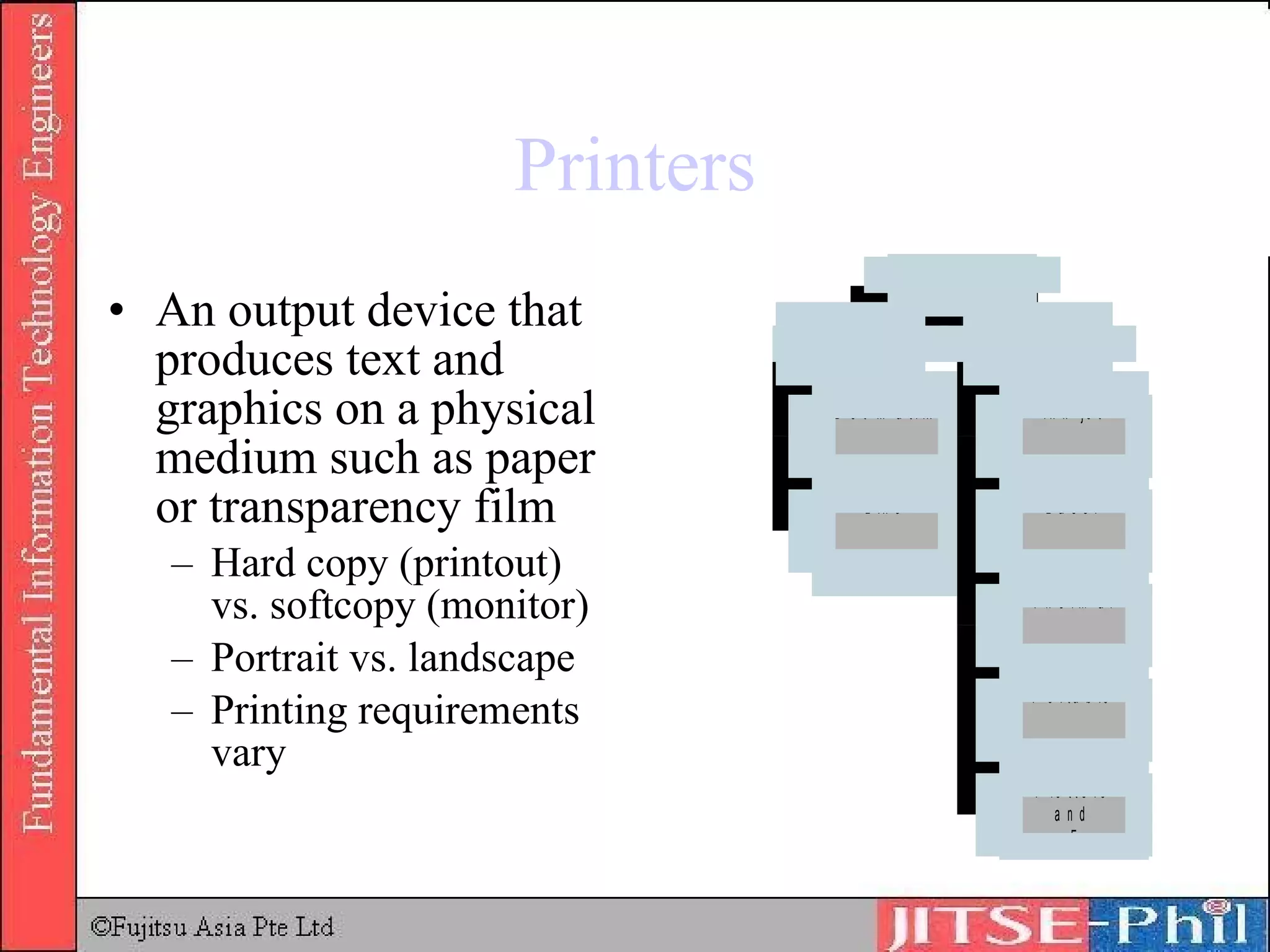 Printers An output device that produces text and graphics on a physical medium such as paper or transparency film Hard copy (printout) vs. softcopy (monitor) Portrait vs. landscape Printing requirements vary 