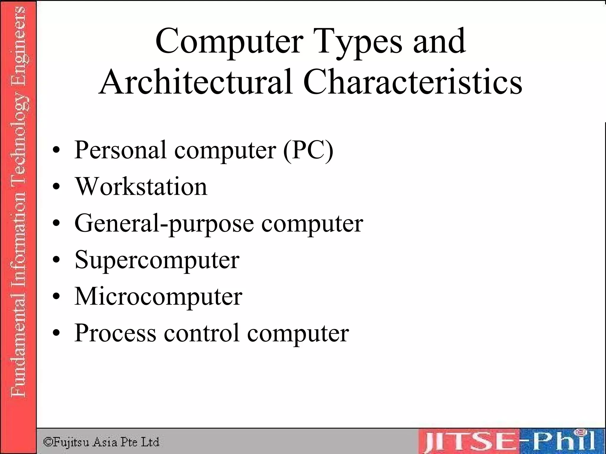 Computer Types and Architectural Characteristics Personal computer (PC) Workstation General-purpose computer Supercomputer Microcomputer Process control computer 