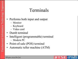 Terminals Performs both input and output Monitor Keyboard Video card Dumb terminal Intelligent (programmable) terminal Modern PC Point-of-sale (POS) terminal Automatic teller machine (ATM) 