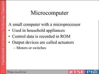 Microcomputer A small computer with a microprocessor Used in household appliances Control data is recorded in ROM Output devices are called actuators Motors or switches  