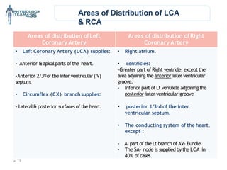 Areas of distribution ofLeft
Coronary Artery
Areas of distribution ofRight
Coronary Artery
• Left Coronary Artery (LCA) supplies:
- Anterior &apicalparts of the heart.
-Anterior 2/3rdof the inter ventricular (IV)
septum.
• Circumflex (CX) branchsupplies:
- Lateral &posterior surfaces of the heart.
• Right atrium.
• Ventricles:
-Greater part of Right ventricle, except the
area adjoining the anterior inter ventricular
groove.
- Inferior part of Lt ventricle adjoining the
posterior inter ventricular groove
• posterior 1/3rd of the inter
ventricular septum.
• The conducting system of the heart,
except :
- A part of the Lt branch of AV- Bundle.
- The SA- node is supplied by the LCA in
40% of cases.
Areas of Distribution of LCA
& RCA
 11
 