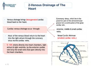 2-Venous Drainage of The
Heart
Coronary sinus, which lies in the
posterior part of the atrioventricular
groove &is acontinuation of the great
cardiac vein.
Anterior, middle &small cardiac
veins.
Venae Cordis Minimae
(smallest cardiac veins.)
• Venous drainage brings deoxygenated cardiac
blood back to the heart.
• 5- 10% drains directly into heart chambers, right
atrium &right ventricle, by the anterior cardiac
vein &by the small veins that open directly into
the heart chambers.
• Most of the venous blood return to the heart
into the right atrium through the coronary
sinus via the cardiac veins.
 13
• Cardiac venous drainage occur through:
 