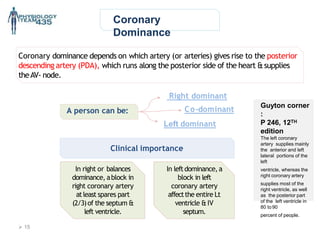 Coronary
Dominance
Coronary dominance depends on which artery (or arteries) gives rise to the posterior
descending artery (PDA), which runs along the posterior side of the heart &supplies
theAV- node.
A person can be:
Right dominant
Co-dominant
Left dominant
Clinical importance
In leftdominance, a
block in left
coronary artery
affectthe entire Lt
ventricle &IV
septum.
Guyton corner
:
P 246, 12TH
edition
The left coronary
artery supplies mainly
the anterior and left
lateral portions of the
left
ventricle, whereas the
right coronary artery
supplies most of the
right ventricle, as well
as the posterior part
of the left ventricle in
80 to 90
percent of people.
In right or balances
dominance, ablock in
right coronary artery
atleast spares part
(2/3)of the septum &
left ventricle.
 15
 