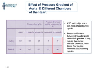 Effect of Pressure Gradient of
Aorta & Different Chambers
of the Heart
• CBF to the right side is
not much affectedduring
systole.
• Pressure difference
between the aorta &right
ventricle is greater during
systole than during
diastole, therefore, more
blood flow to right
ventricles occurs during
systole.
 20
 