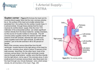 Guyton corner : Figure 21-3 shows the heart and its
coronary blood supply. Note that the main coronary arteries
lie on the surface of the heart and smaller arteries then
penetrate from the surface into the cardiac muscle mass. It
is almost entirely through these arteries that the heart
receives its nutritive blood supply. Only the inner 1/10
millimeter of the endocardial surface can obtain significant
nutrition directly from the blood inside the cardiac chambers,
so this source of muscle nutrition is minuscule. The left
coronary artery supplies mainly the anterior and left lateral
portions of the left ventricle, whereas the right coronary
artery supplies most of the right ventricle, as well as the
posterior part of the left ventricle in 80 to 90 percent of
people.
Most of the coronary venous blood flow from the left
ventricular muscle returns to the right atrium of the heart by
way of the coronary sinus, which is about 75 percent of the
total coronary blood flow. On the other hand, most of the
coronary venous blood from the right ventricular muscle
returns through small anterior cardiac veins that flow directly
into the right atrium, not by way of the coronary sinus. A very
small amount of coronary venous blood also flows back into
the heart through very minute thebesian veins, which empty
directly into all chambers of the heart. Page 262
1-Arterial Supply-
EXTRA
 5
 