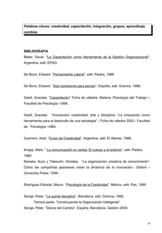 Palabras claves: creatividad, capacitación, integración, grupos, aprendizaje,
cambios




BIBLIOGRAFIA
Blake, Oscar. "La Capacitación como Herramienta de la Gestión Organizacional",
Argentina, edit. EPSO.


De Bono, Edward. “Pensamiento Lateral”, edit. Paidos, 1988


De Bono, Edward. “Seis sombreros para pensar”, España, edit. Granica, 1988.


Gelaf, Graciela. “Capacitación” Ficha de cátedra: Materia :Psicología del Trabajo –
Facultad de Psicología –UBA.


Gelaf, Graciela.   “Innovación/ creatividad: arte y disciplina: “La innovación como
herramienta para el desarrollo de una estrategia” - Ficha de cátedra 2003 - Facultad
de Psicología –UBA.


Guerrero, Ariel. “Curso de Creatividad”, Argentina, edit. El Ateneo, 1988.


Knapp, Mark. “ La comunicación no verbal. El cuerpo y el entorno”, edit. Paidos,
1980
Nonaka, Ikuro y Takeuchi, Hirotaka. “La organización creadora de conocimiento”-
Cómo las compañías japonesas crean la dinámica de la innovación.- Oxford –
University Press- 1999-


Rodríguez Estrada, Mauro. “Psicología de la Creatividad”, México, edit. Pax, 1989


Senge, Peter. “La quinta disciplina”, Barcelona, edit. Granica, 1992.
       Tercera parte- “Construyendo la Organización Inteligente”
Senge, Peter. “Danza del Cambio”, España, Barcelona, Gestión 2000



                                                                                    10
 