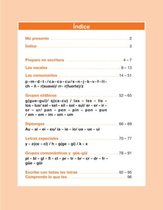 Índice
Me presento.....................................................................2
Índice................................................................................3
Preparo mi escritura ................................................. 4 – 7
Las vocales............................................................... 8 – 13
Las consonantes.....................................................14 – 51
p–m–d–t–/ca–co–cu/s–n–j–b–v–f–ll–
ch – ñ – r(suave)/ rr– r(fuerte)/z
Grupos silábicos .................................................... 52 – 65
g(gue–gui)/ q(ca–cu) / las – les – lis –
los – lus/ sal – sel – sil – sol – sul/ ar – er – ir –
or – ur/ pan – pen – pin – pon – pun
/ am – em – im – om – um
Diptongos ...............................................................66 – 69
Au – ai – ei – eu/ ia – ie – io/ ua – ue – ui
Letras especiales....................................................70 – 77
y – z(ce – ci) / h – g(ge – gi) / k – x
Grupos consonánticos y güe–güi...........................78 – 91
pl – bl – gl – fl – cl – pr – tr – br – cr – dr – fr –
güe – güi
Escribo con todas las letras ...................................92 – 95
Comprendo lo que leo ...................................................96
cuadernoOk_SIN_ICONOS.indd 3 28-11-12 11:34
 