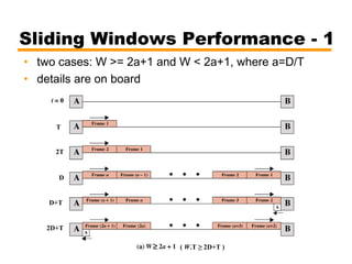 Sliding Windows Performance - 1
• two cases: W >= 2a+1 and W < 2a+1, where a=D/T
• details are on board
≥
T
2T
D
D+T
2D+T
( W.T ≥ 2D+T )
 