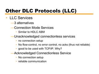 Other DLC Protocols (LLC)
• LLC Services
—3 alternatives
—Connection Mode Services
• Similar to HDLC ABM
—Unacknowledged connectionless services
• no connection setup
• No flow-control, no error control, no acks (thus not reliable)
• good to be used with TCP/IP. Why?
—Acknowledged Connectionless Service
• No connection setup
• reliable communication
 