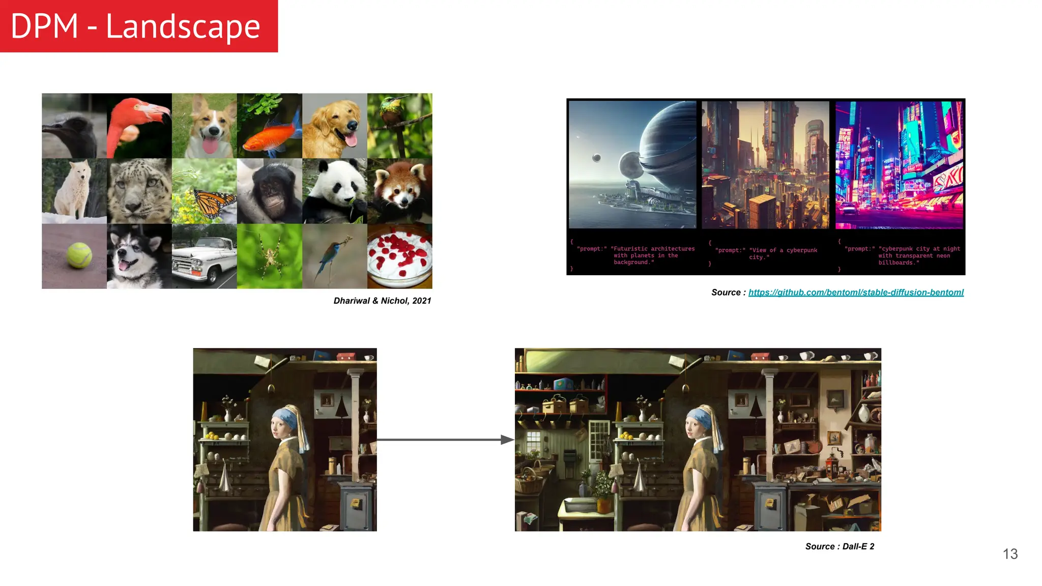DPM - Landscape 13 Source : https://github.com/bentoml/stable-diffusion-bentoml Dhariwal & Nichol, 2021 Source : Dall-E 2 