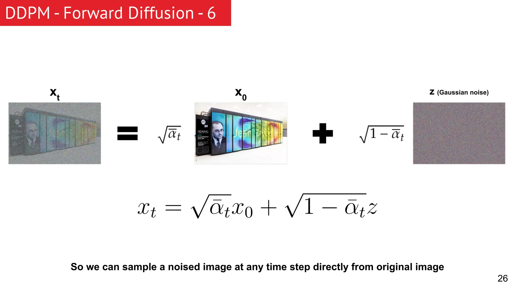 DDPM - Forward Diffusion - 6 26 So we can sample a noised image at any time step directly from original image 