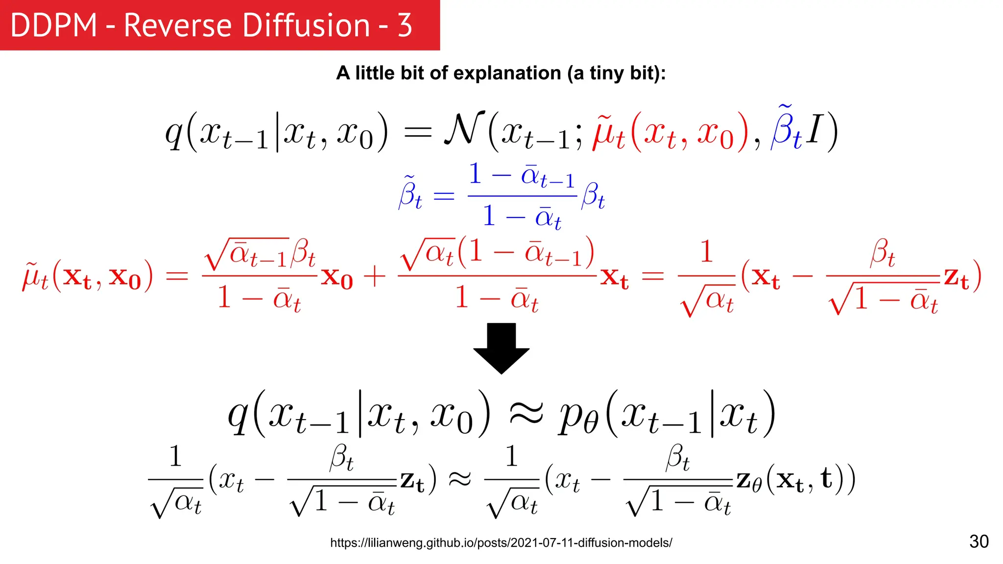 DDPM - Reverse Diffusion - 3 30 A little bit of explanation (a tiny bit): https://lilianweng.github.io/posts/2021-07-11-diffusion-models/ 