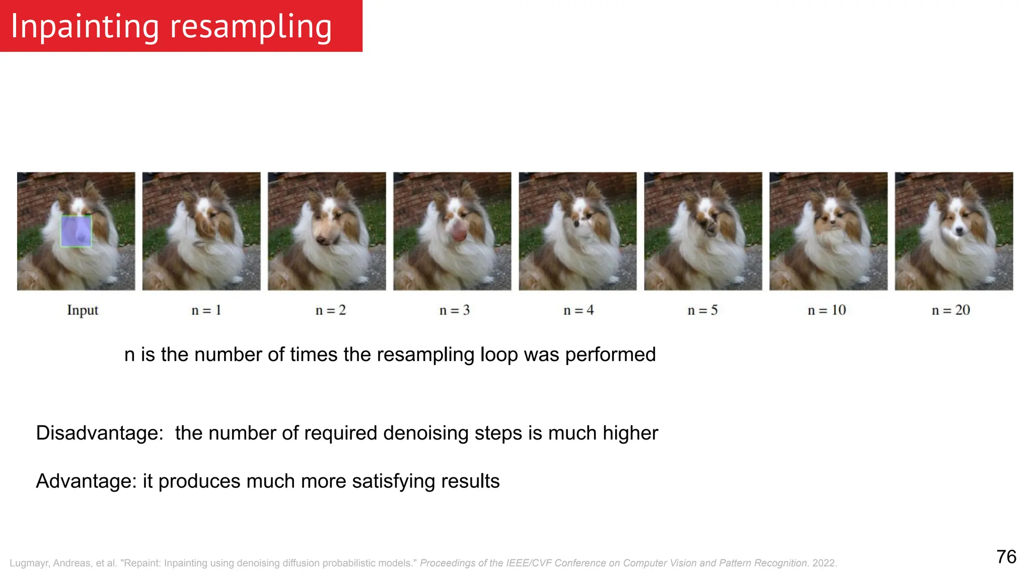 Inpainting resampling 76 n is the number of times the resampling loop was performed Disadvantage: the number of required denoising steps is much higher Advantage: it produces much more satisfying results Lugmayr, Andreas, et al. "Repaint: Inpainting using denoising diffusion probabilistic models." Proceedings of the IEEE/CVF Conference on Computer Vision and Pattern Recognition. 2022. 