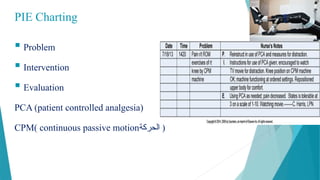 PIE Charting
 Problem
 Intervention
 Evaluation
PCA (patient controlled analgesia)
CPM( continuous passive motion‫الحركة‬ )
 