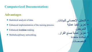 Computerized Documentation:
Advantages
 Statistical analysis of data.
 Enhanced implementation of the nursing process.
 Enhanced decision making.
 Multidisciplinary networking.
•
.‫للبيانات‬ ‫اإلحصائي‬ ‫التحليل‬
•
‫عملية‬ ‫تنفيذ‬ ‫تعزيز‬
.‫التمريض‬
•
.‫القرار‬ ‫صنع‬ ‫عملية‬ ‫تعزيز‬
•
‫متعددة‬ ‫شبكات‬
.‫التخصصات‬
 