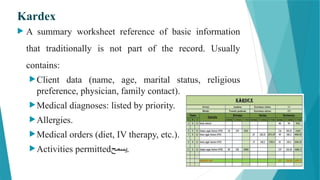 Kardex
 A summary worksheet reference of basic information
that traditionally is not part of the record. Usually
contains:
Client data (name, age, marital status, religious
preference, physician, family contact).
Medical diagnoses: listed by priority.
Allergies.
Medical orders (diet, IV therapy, etc.).
Activities permitted‫يسمح‬.
 