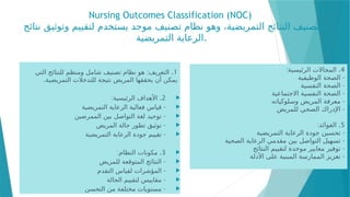 Nursing Outcomes Classification (NOC)
‫نتائج‬ ‫وتوثيق‬ ‫لتقييم‬ ‫يستخدم‬ ‫موحد‬ ‫تصنيف‬ ‫نظام‬ ‫وهو‬ ،‫التمريضية‬ ‫النتائج‬ ‫تصنيف‬
‫التمريضية‬ ‫الرعاية‬.
1
: .
‫التي‬ ‫للنتائج‬ ‫ومنظم‬ ‫شامل‬ ‫تصنيف‬ ‫نظام‬ ‫هو‬ ‫التعريف‬
.‫التمريضية‬ ‫للتدخالت‬ ‫نتيجة‬ ‫المريض‬ ‫يحققها‬ ‫أن‬ ‫يمكن‬

2
: .
‫الرئيسية‬ ‫األهداف‬

-
‫التمريضية‬ ‫الرعاية‬ ‫فعالية‬ ‫قياس‬

-
‫الممرضين‬ ‫بين‬ ‫التواصل‬ ‫لغة‬ ‫توحيد‬

-
‫المريض‬ ‫حالة‬ ‫تطور‬ ‫توثيق‬

-
‫التمريضية‬ ‫الرعاية‬ ‫جودة‬ ‫تقييم‬

3
: .
‫النظام‬ ‫مكونات‬

-
‫للمريض‬ ‫المتوقعة‬ ‫النتائج‬

-
‫التقدم‬ ‫لقياس‬ ‫المؤشرات‬

-
‫الحالة‬ ‫لتقييم‬ ‫مقاييس‬

-
‫التحسن‬ ‫من‬ ‫مختلفة‬ ‫مستويات‬
4
: .
‫الرئيسية‬ ‫المجاالت‬
-
‫الوظيفية‬ ‫الصحة‬
-
‫النفسية‬ ‫الصحة‬
-
‫االجتماعية‬ ‫النفسية‬ ‫الصحة‬
-
‫وسلوكياته‬ ‫المريض‬ ‫معرفة‬
-
‫للمريض‬ ‫الصحي‬ ‫اإلدراك‬
5
: .
‫الفوائد‬
-
‫التمريضية‬ ‫الرعاية‬ ‫جودة‬ ‫تحسين‬
-
‫الصحية‬ ‫الرعاية‬ ‫مقدمي‬ ‫بين‬ ‫التواصل‬ ‫تسهيل‬
-
‫النتائج‬ ‫لتقييم‬ ‫موحدة‬ ‫معايير‬ ‫توفير‬
-
‫األدلة‬ ‫على‬ ‫المبنية‬ ‫الممارسة‬ ‫تعزيز‬
 