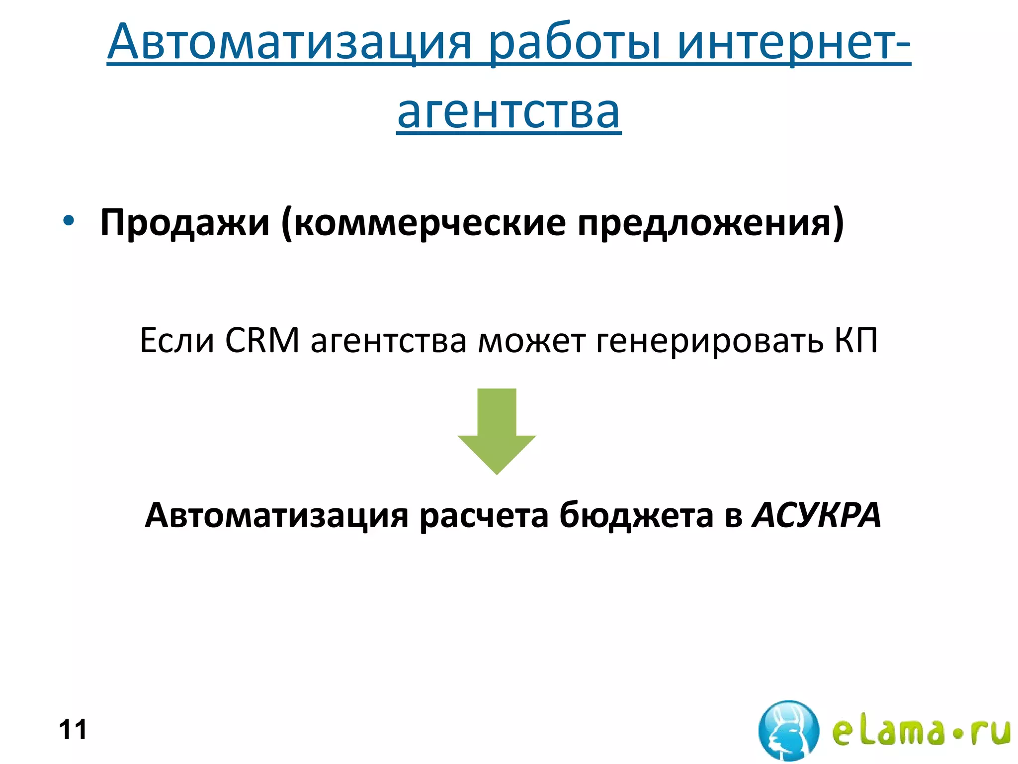 Автоматизация работы интернет-агентства Продажи (коммерческие предложения) Если CRM   агентства может генерировать КП Автоматизация расчета бюджета в  АСУКРА 