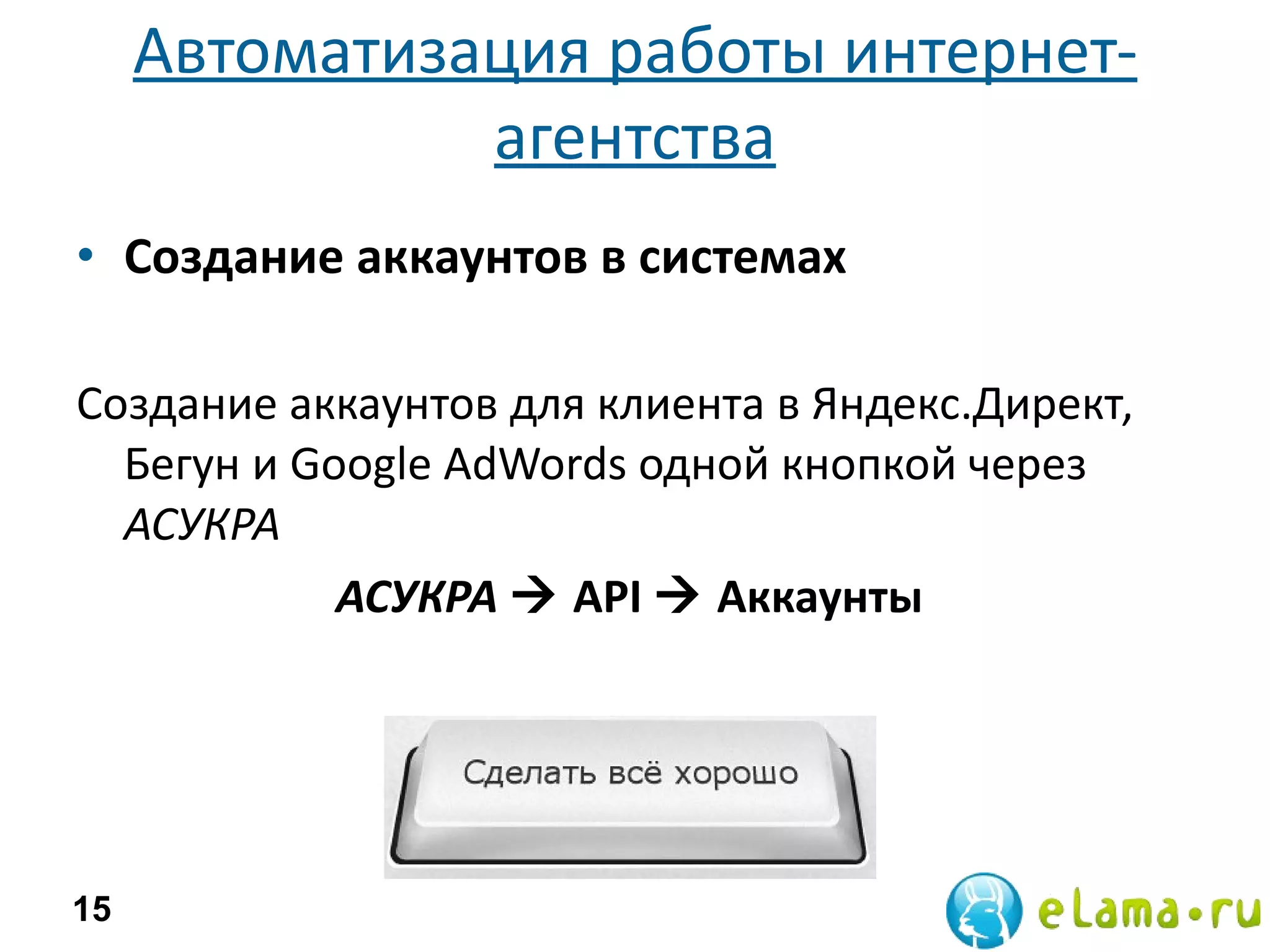 Автоматизация работы интернет-агентства Создание аккаунтов в системах Создание аккаунтов для клиента в Яндекс.Директ, Бегун и Google AdWords одной кнопкой через  АСУКРА АСУКРА      API      Аккаунты  