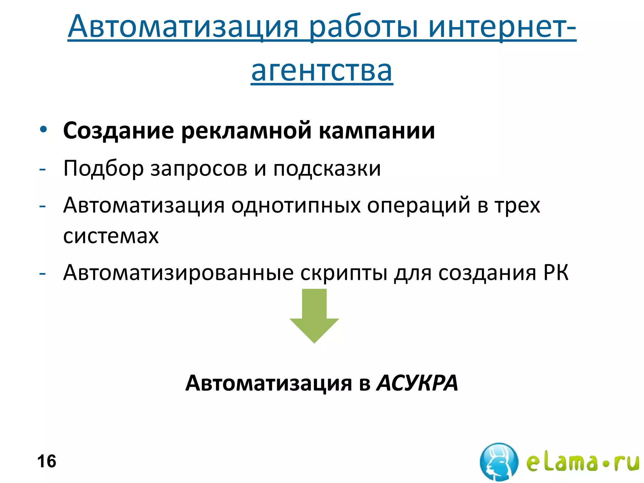 Автоматизация работы интернет-агентства Создание рекламной кампании Подбор запросов и подсказки Автоматизация однотипных операций в трех системах Автоматизированные скрипты для создания РК Автоматизация в  АСУКРА 