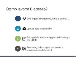 Ottimo lavoro! E adesso?
25
1 GPS logger, smartphone, carta e penna, …
2 Upload della traccia GPX
3
Editing della traccia e aggiunta dei dettagli 
con JOSM
4
Rendering della mappa lato server e 
visualizzazione lato client
 