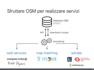 Sfruttare OSM per realizzare servizi
29
Database OSM 
(ODbL)
download in locale
processing
web services map matching
API
overpass turbo
sociale
 