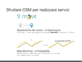 Sfruttare OSM per realizzare servizi
34
Spostamento dei veicoli - in OpenLayers
strategy = new OpenLayers.Strategy.Refresh({interval: 3000})
Map Matching - in PostgreSQL
Algoritmo di matching per conoscere la strada
cui appartiene un punto
? Autostrada SA.RC.
 