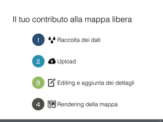 Il tuo contributo alla mappa libera
9
1 Raccolta dei dati
2 Upload
3 Editing e aggiunta dei dettagli
4 Rendering della mappa
 