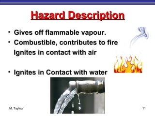 Hazard DescriptionHazard Description
• Gives off flammable vapour.Gives off flammable vapour.
• Combustible, contributes to fireCombustible, contributes to fire
Ignites in contact with airIgnites in contact with air
• Ignites in Contact with waterIgnites in Contact with water
M. Tayfour 11
 