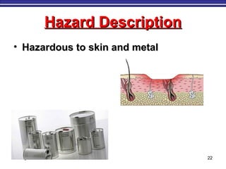 Hazard DescriptionHazard Description
• Hazardous to skin and metalHazardous to skin and metal
M. Tayfour 22
 