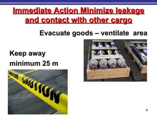 Immediate Action Minimize leakageImmediate Action Minimize leakage
and contact with other cargoand contact with other cargo
Evacuate goods – ventilate areaEvacuate goods – ventilate area
Keep awayKeep away
minimum 25 mminimum 25 m
M. Tayfour 9
 