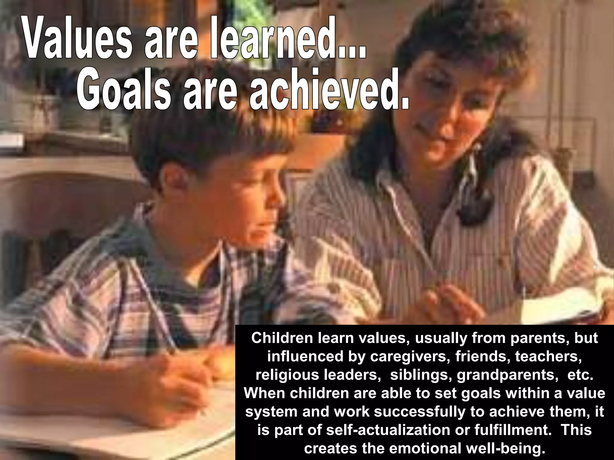 Children learn values, usually from parents, but
influenced by caregivers, friends, teachers,
religious leaders, siblings, grandparents, etc.
When children are able to set goals within a value
system and work successfully to achieve them, it
is part of self-actualization or fulfillment. This
creates the emotional well-being.
 
