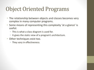 Object Oriented Programs
• The relationship between objects and classes becomes very
complex in many computer programs.
• Some means of representing this complexity ‘at a glance’ is
useful.
• This is what a class diagram is used for.
• It gives the static view of a program’s architecture.
• Other techniques exist too.
• They vary in effectiveness.
 