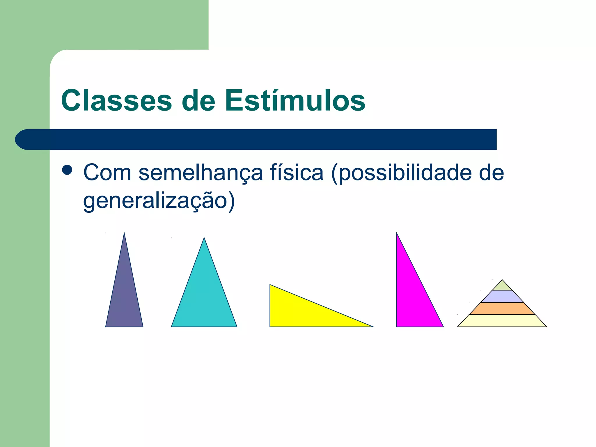 Classes de Estímulos
 Com semelhança física (possibilidade de
generalização)
 