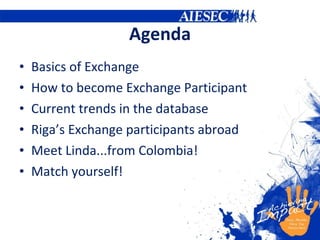 Agenda Basics of Exchange How to become Exchange Participant Current trends in the database Riga’s Exchange participants abroad Meet Linda...from Colombia! Match yourself! 