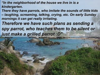 “ In the neighborhood of the house we live in is a kindergarten.  There they have parrots, who imitate the sounds of little kids – laughing, screaming, talking, crying ,  etc. On early Sunday  mornings it can get really irritating.  Therefore we have such plans as sending a spy parrot, who teaches them to be silent or just make a grilled parrot :D" 